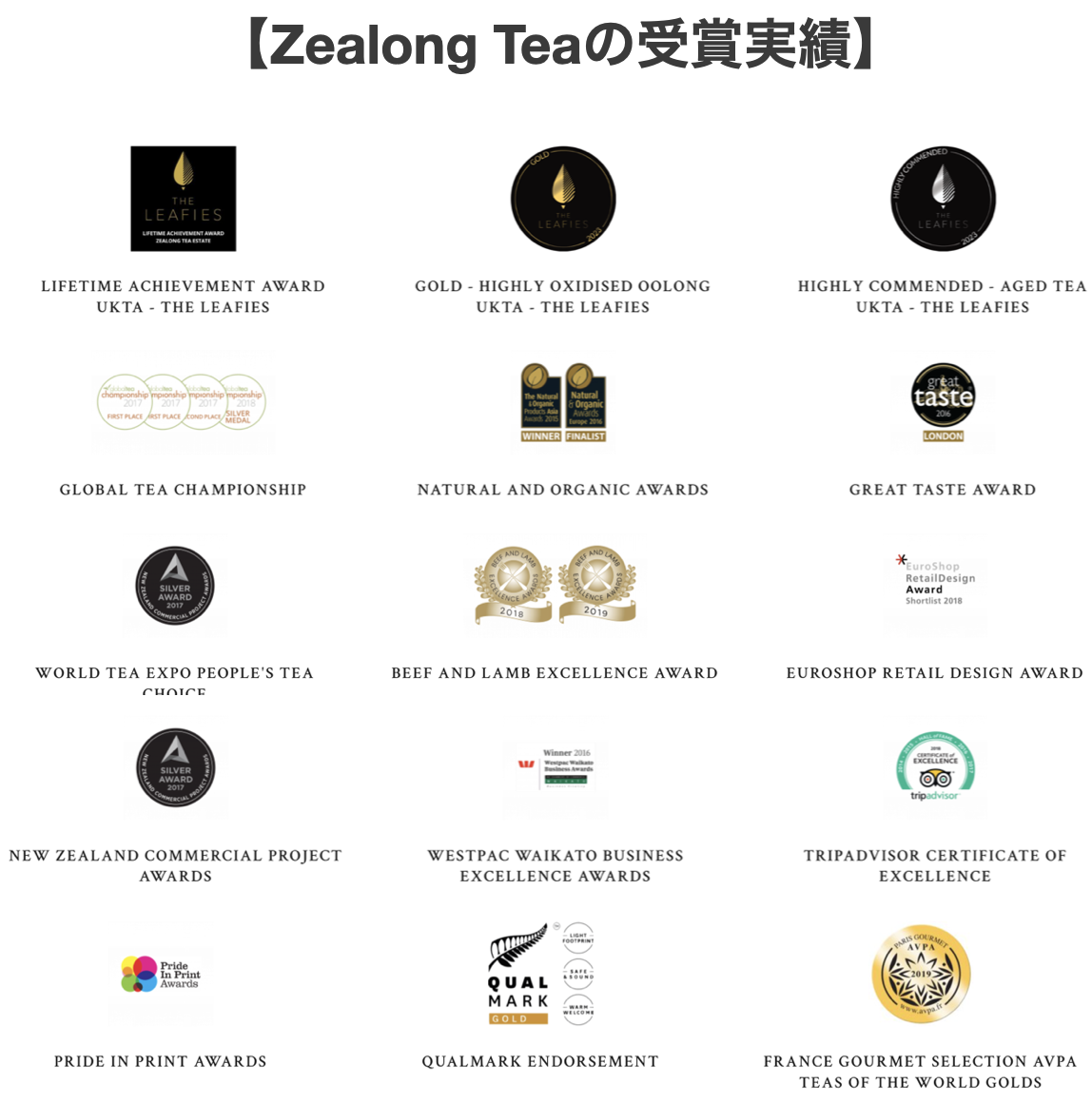 Zealong Teaの受賞実績